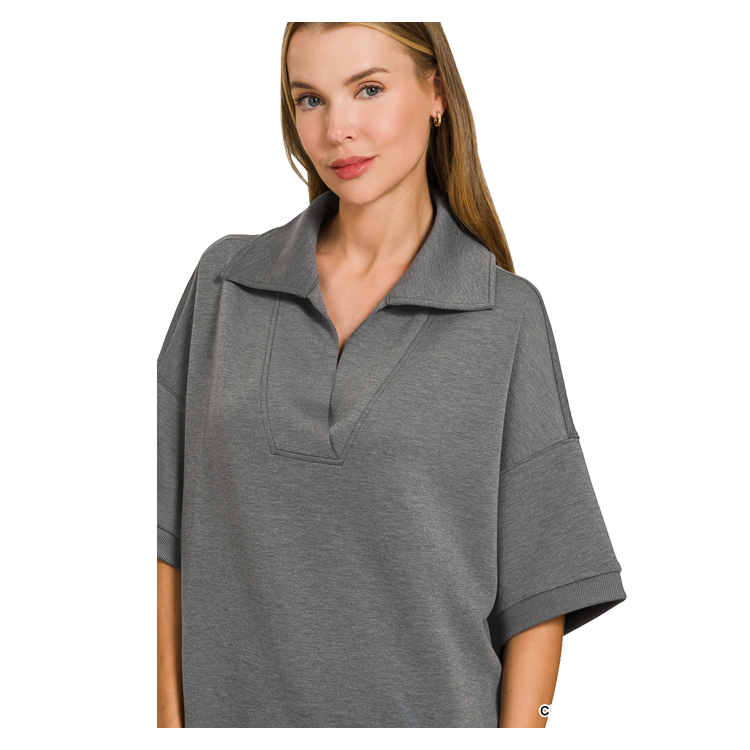 Zenana Scuba 2 Piece Pullover Collared Short Sleeve Top & Seamed Pants Set - Grey
