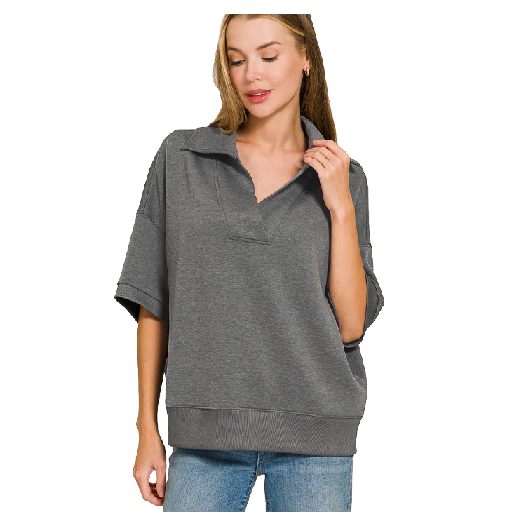 Zenana Scuba 2 Piece Pullover Collared Short Sleeve Top & Seamed Pants Set - Grey
