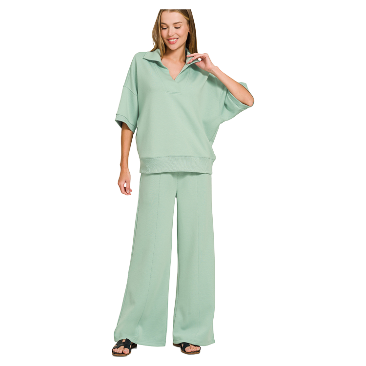 Zenana Scuba 2 Piece Pullover Set Collared Top & Seamed Pants - Dusty Green