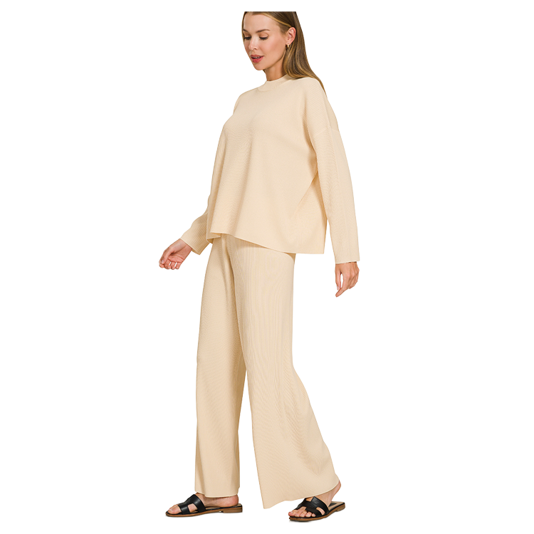 Zenana 2-Piece Viscose Sweater & Pants - Light Beige