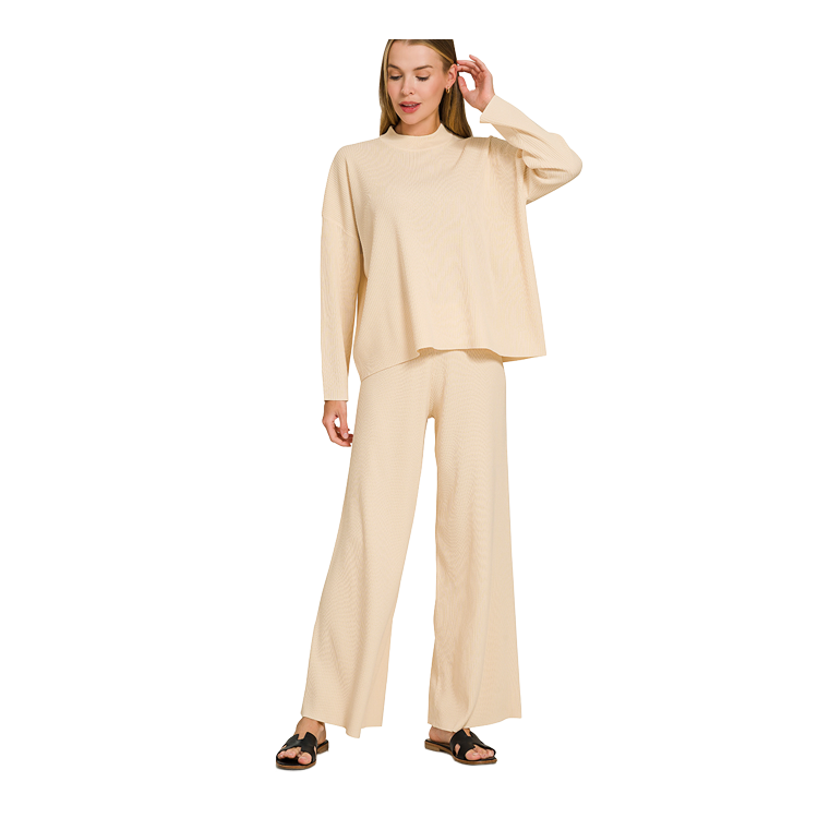Zenana 2-Piece Viscose Sweater & Pants - Light Beige