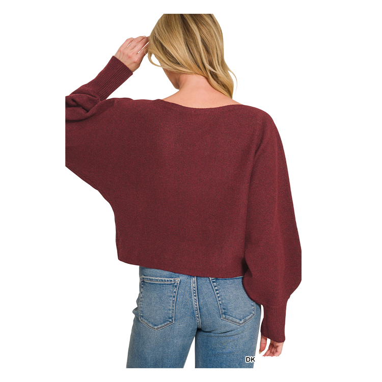 Zenana Sweater Boatneck Balloon Sleeve – Dark Burgundy