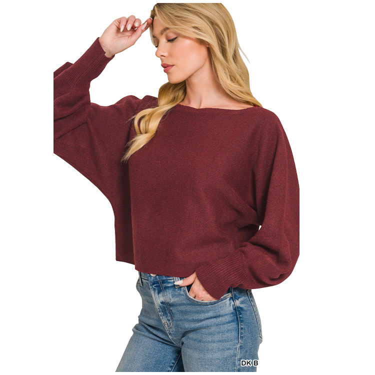 Zenana Sweater Boatneck Balloon Sleeve – Dark Burgundy