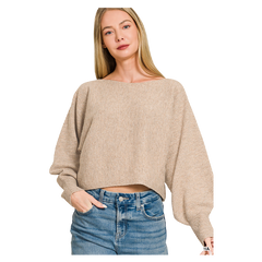 Zenana Sweater Boatneck Balloon Sleeve - Heather Mocha Zenana