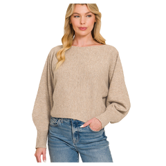 Zenana Sweater Boatneck Balloon Sleeve - Heather Mocha Zenana