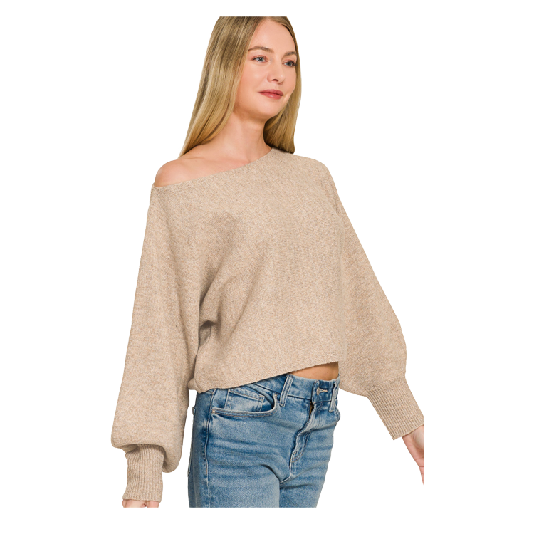 Zenana Sweater Boatneck Balloon Sleeve - Heather Mocha Zenana