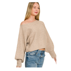 Zenana Sweater Boatneck Balloon Sleeve - Heather Mocha Zenana