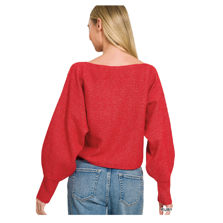 Zenana Sweater Boatneck Balloon Sleeve - Ruby