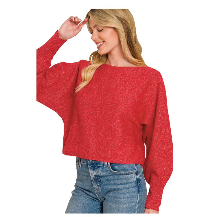 Zenana Sweater Boatneck Balloon Sleeve - Ruby