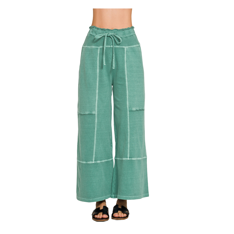 Zenana Pants Wide Leg Exposed Seam - Dark Green