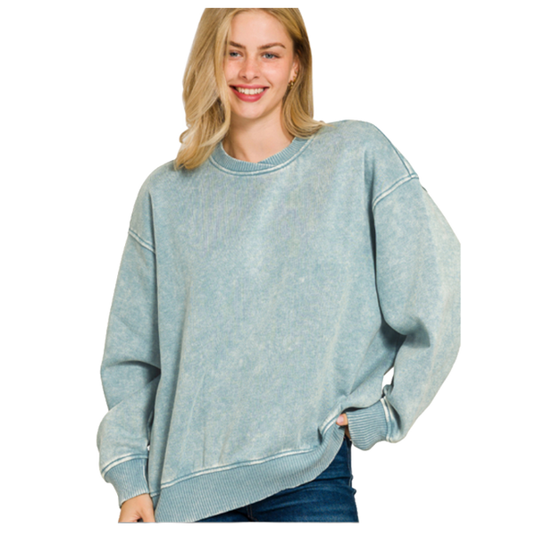 Zenana Pullover Acid Wash Oversized Fleece Pullover - Ash Blue