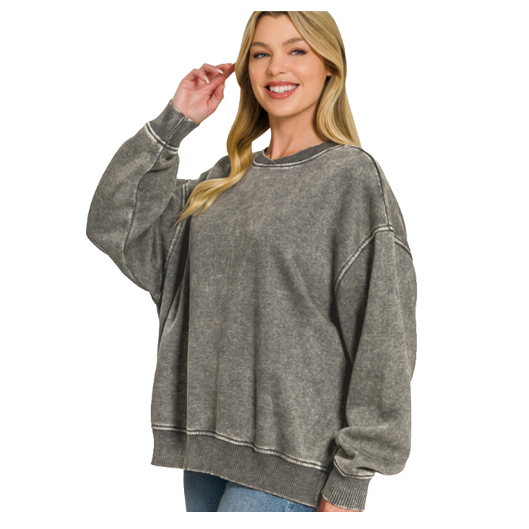 Zenana Pullover Acid Wash Oversized Fleece Pullover - Ash Grey