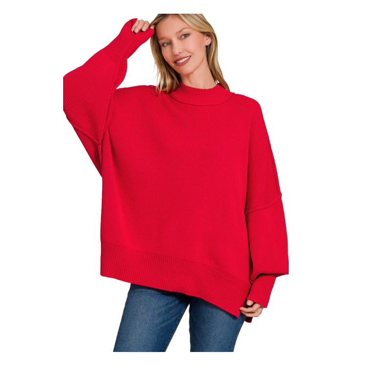 Zenana Top Sideslit Oversized Sweater - Ruby