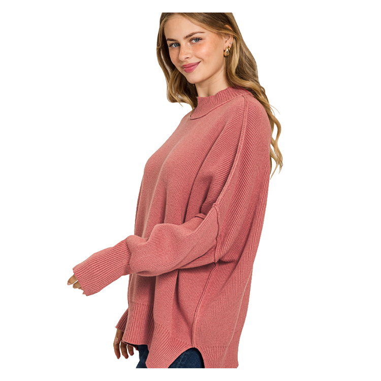 Zenana Top Sideslit Oversized Sweater - Winter Rose - PinkPro