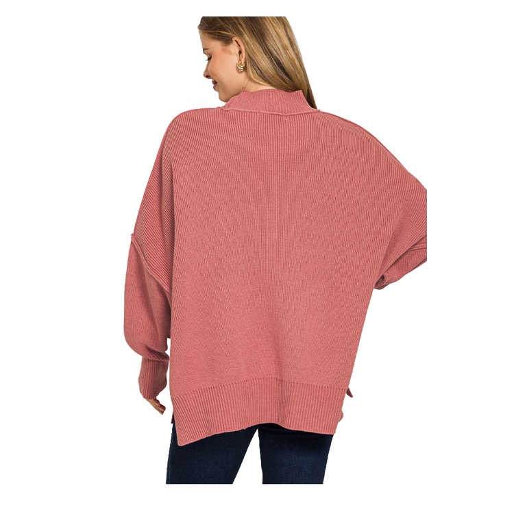 Zenana Top Sideslit Oversized Sweater - Winter Rose