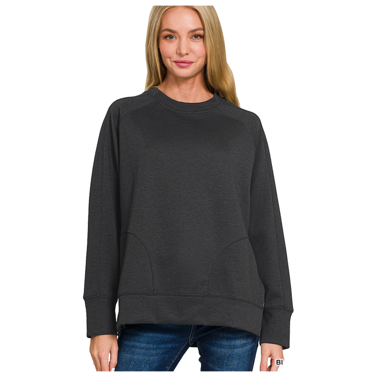 Zenana Pullover Round Neck With Side Slits Black