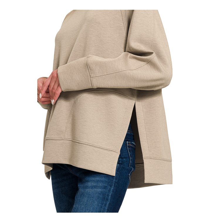Zenana Pullover Round Neck With Side Slits Ash Mocha
