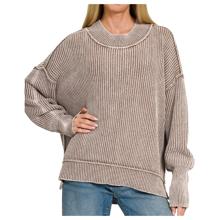 Zenana Sweater Oversized Side Slit - Cocoa