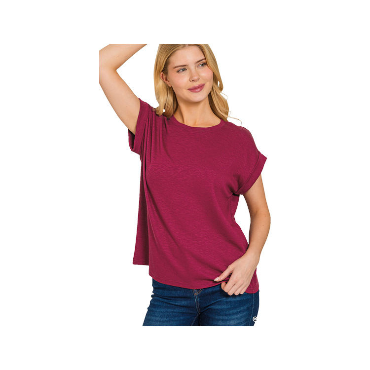 Zenana Cotton Modal Rolled Short Sleeve - Cabernet