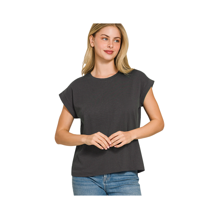 Zenana Cotton Modal Rolled Short Sleeve - Black