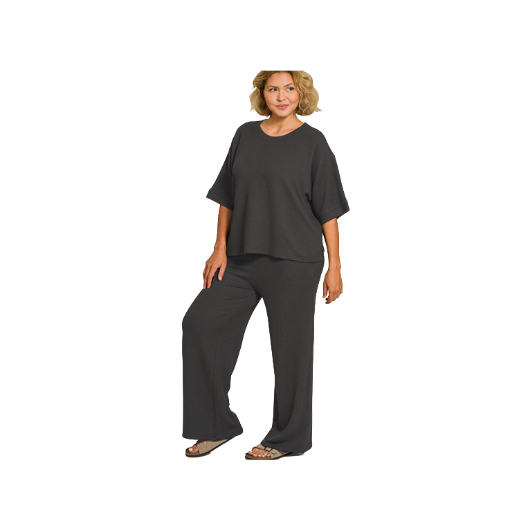 Zenana Plus Size Apparel Set Pants & Short Sleeve Ribbed Black