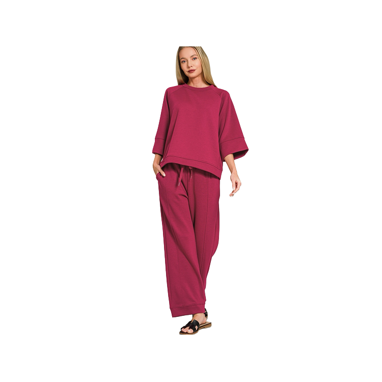 Zenana Plus Size Apparel Set Scuba 3/4 Sleeve Cabernet