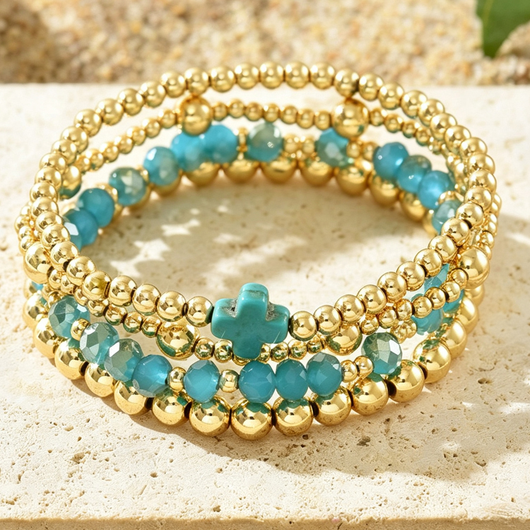 Boho Cross Beaded Stretch Bracelet set 4 Piece - Blue