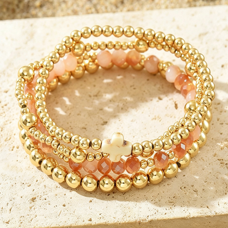 Boho Cross Beaded Stretch Bracelet set 4 Piece - Cream/Gold