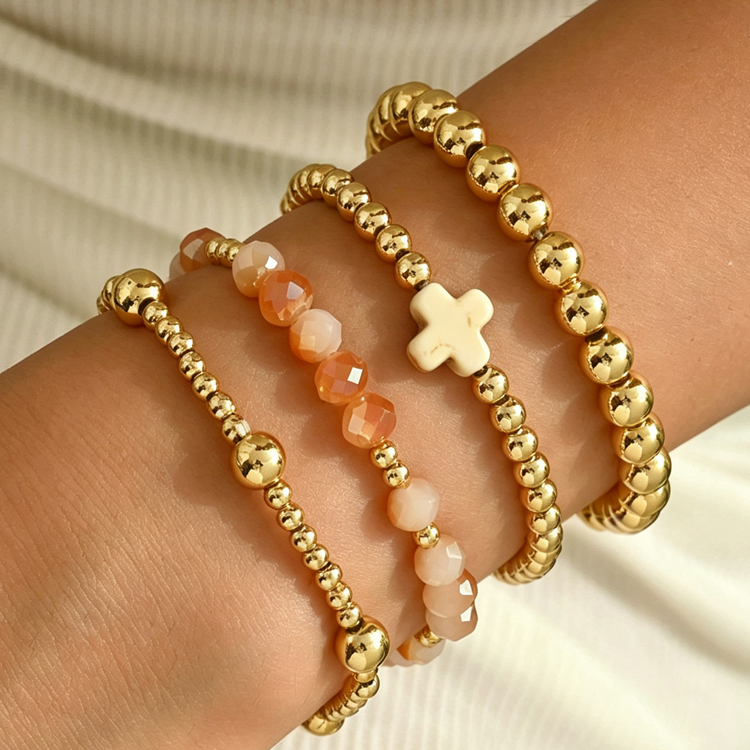Boho Cross Beaded Stretch Bracelet set 4 Piece - Cream/Gold