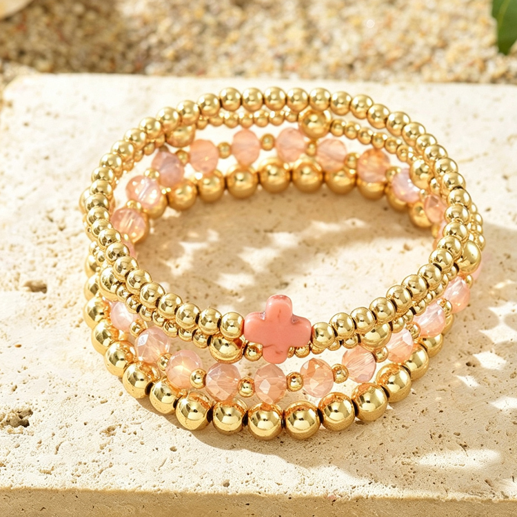 Boho Cross Beaded Stretch Bracelet set 4 Piece - Pink/Gold