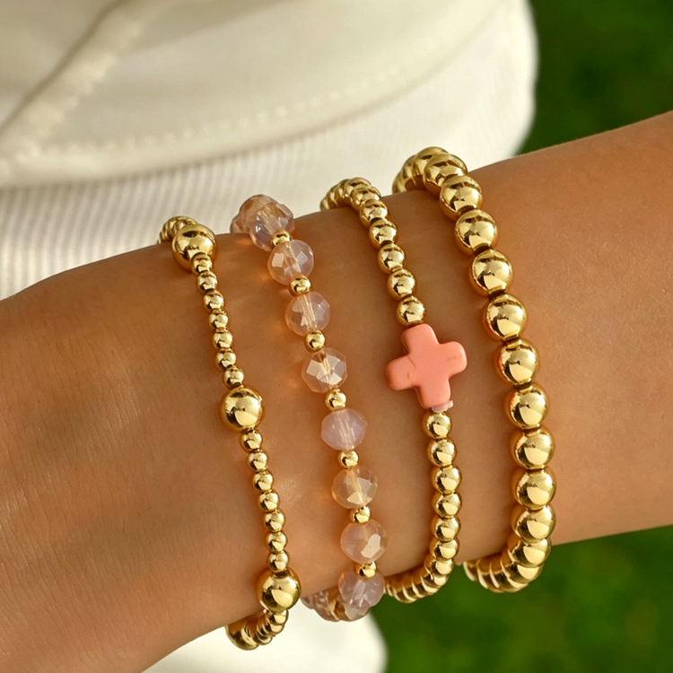 Boho Cross Beaded Stretch Bracelet set 4 Piece - Pink/Gold