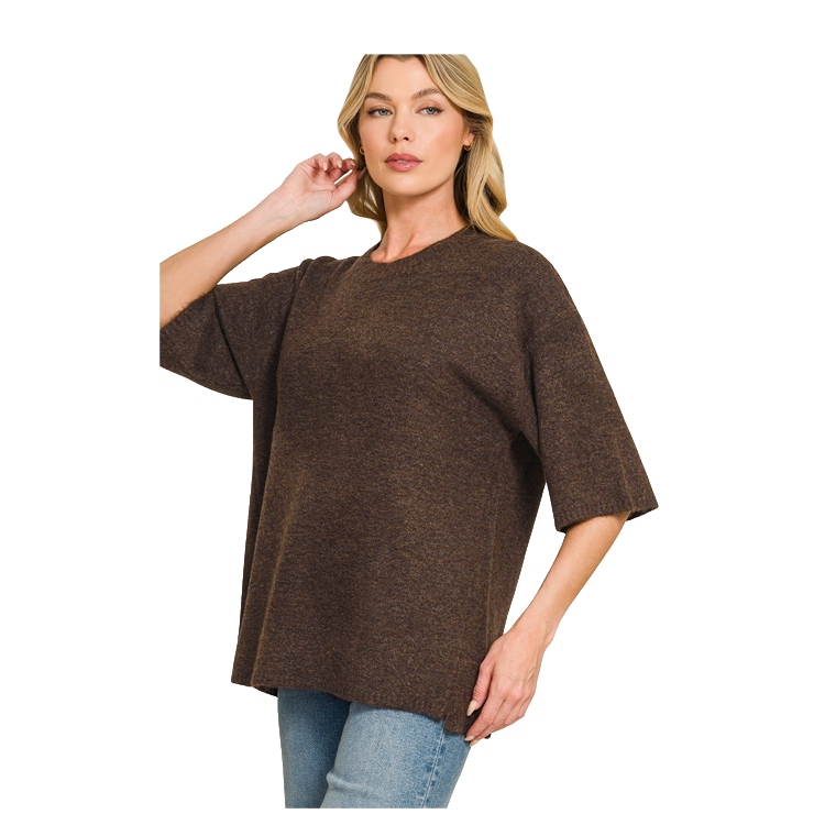 Zenana Sweater Short Sleeve Oversized - Dark Brown