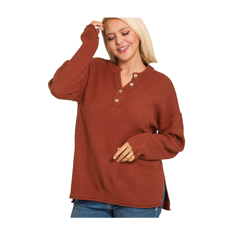 Zenana Sweater 4 Button Henley - Dark Rust