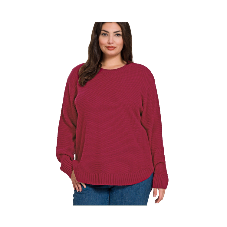 Zenana Plus Size Sweater Basic Round Neck - Cabernet