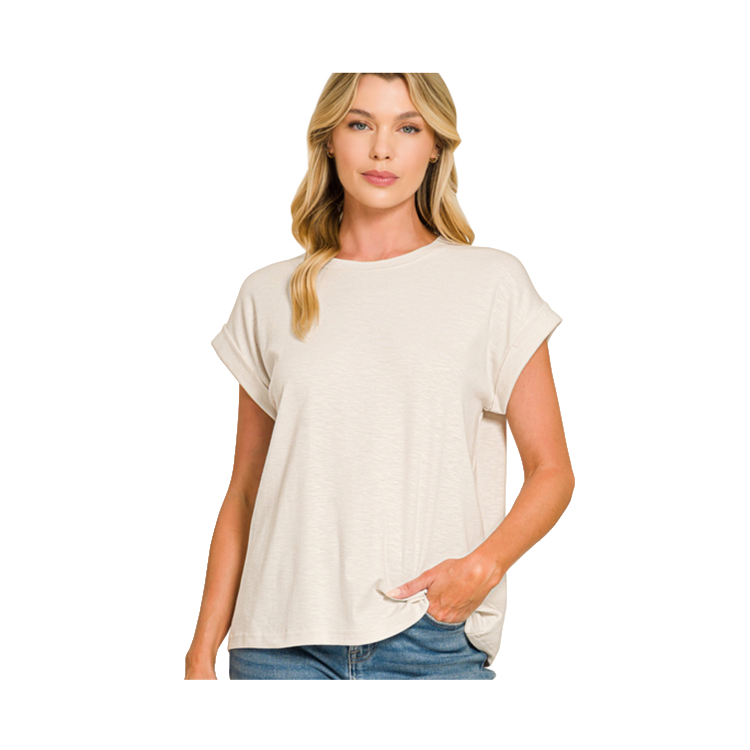 Zenana Cotton Top Modal Rolled Sleeve - Beige