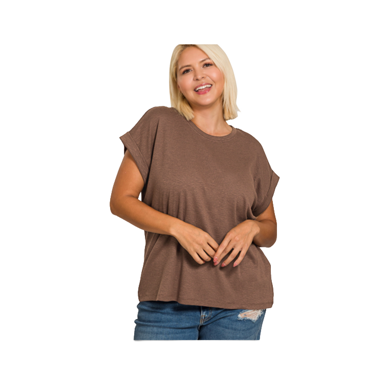 Zenana Plus Cotton Top Modal Rolled Sleeve - Brown