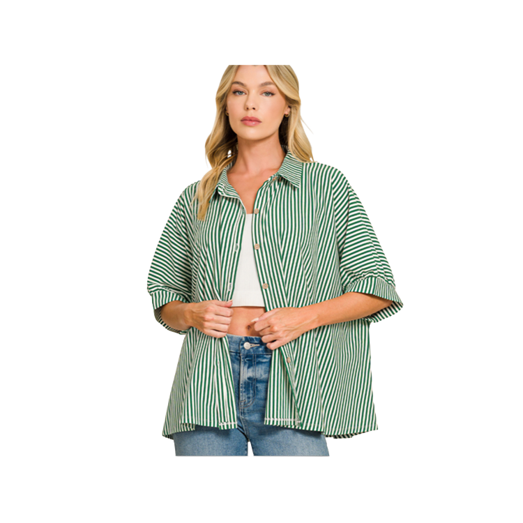 Zenana Plus Size Top Knit Button-Down Stripe - Dark Green