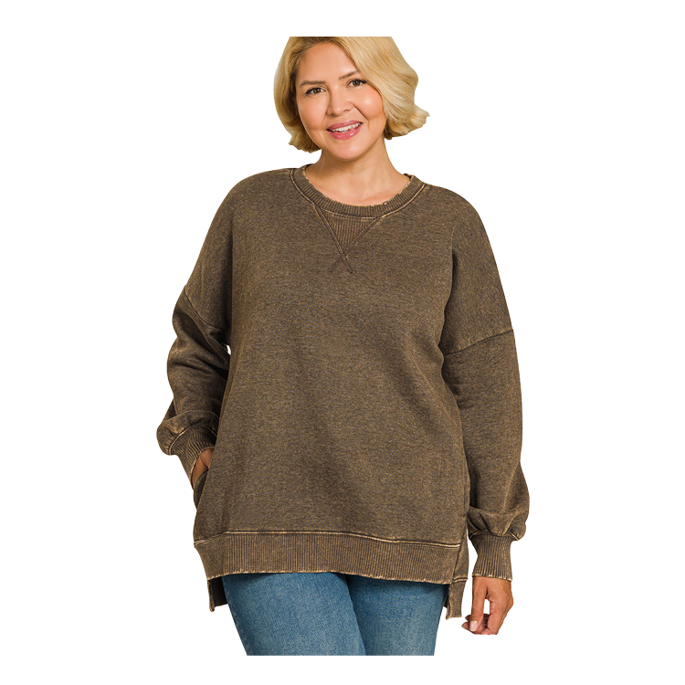 Zenana Plus Size Pullover Fleece Hi-Low Acid Wash - Espresso