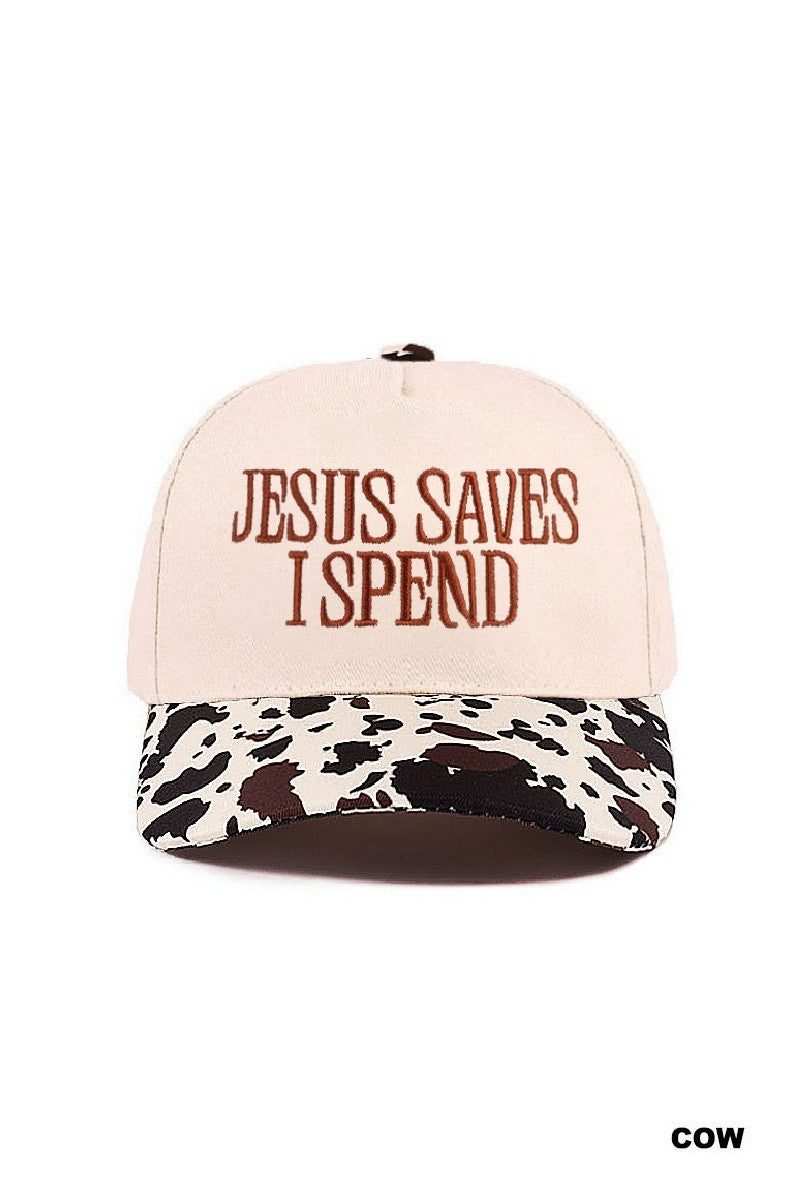 Zenana Cap Two Tone Cow Print - Jesus Saves I Spend