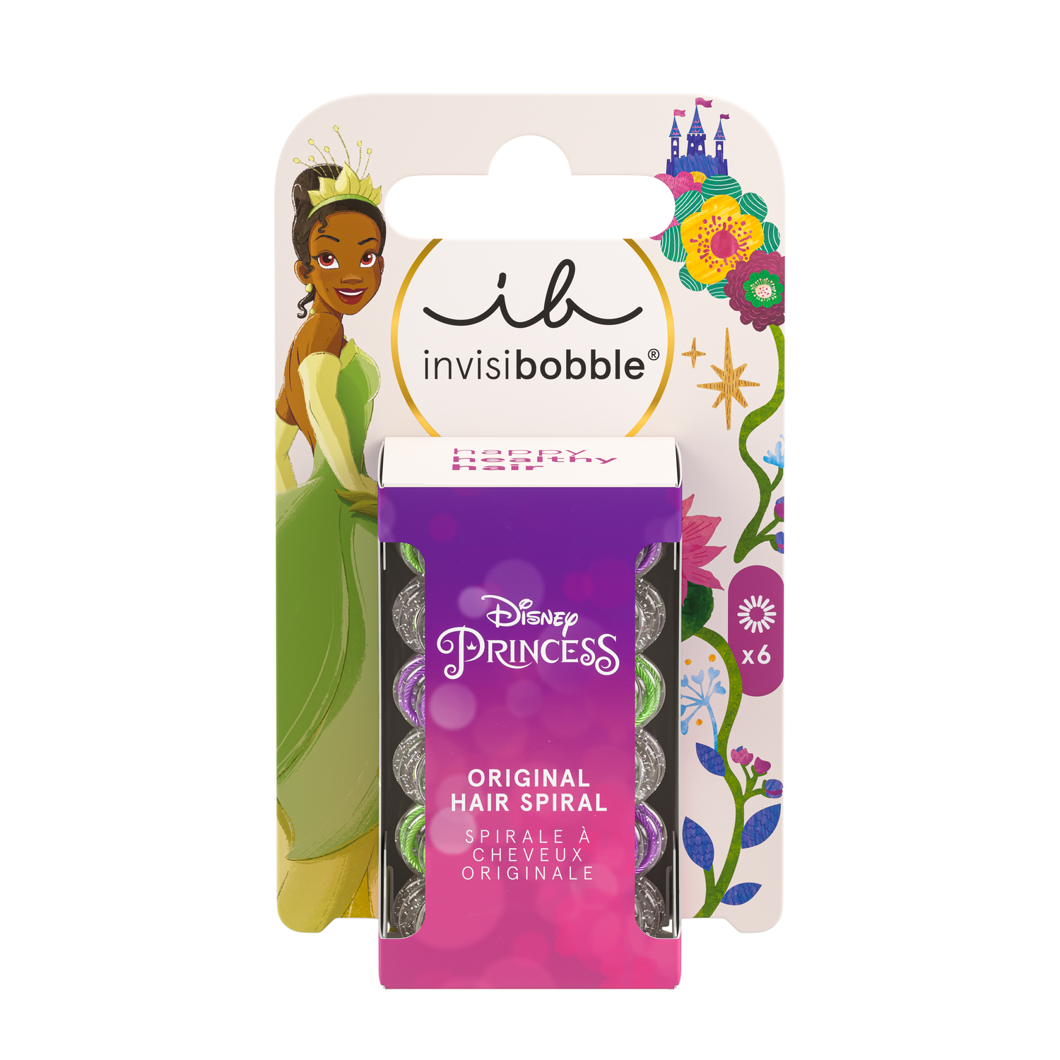  Disney Princess Tiana Invisibobble Kids Original – 6 glitter spirals for traceless, hair-loving style.