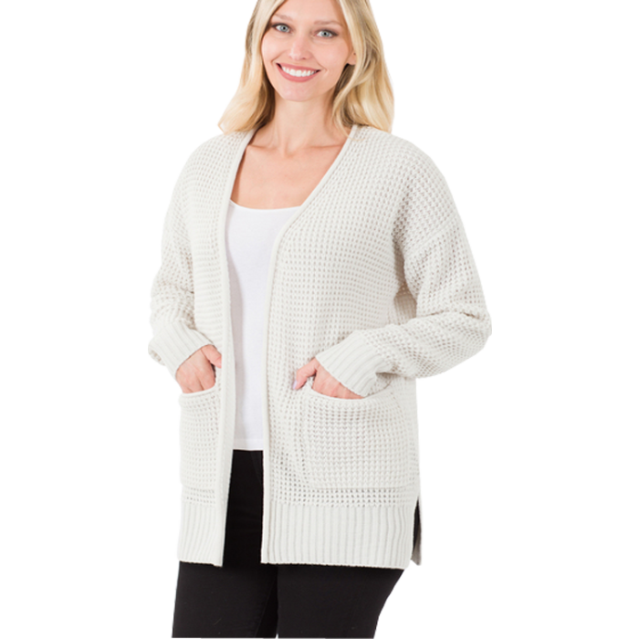 Bone Waffle Weave Open Cardigan