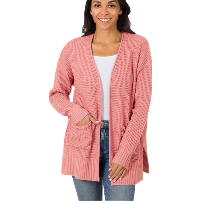 Rose Waffle Weave Open Cardigan