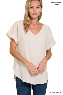 Zenana Top Woven Rolled Sleeve V-Neck - Sand Beige - PinkPro Beauty Supply
