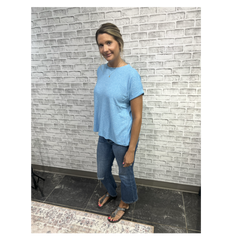 Zenana Soft Melange Hacci Short Sleeve Top - Folded Sleeve Detail Deep Sky - PinkPro Beauty Supply
