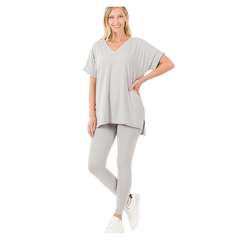 Zenana Microfiber Apparel Set V-Neck Light Grey - PinkPro Beauty Supply