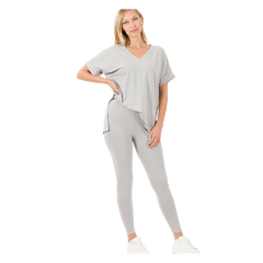 Zenana Microfiber Apparel Set V-Neck Light Grey - PinkPro Beauty Supply