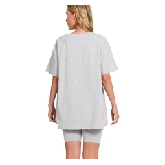 Zenana Cotton Round Neck Top & Biker Shorts Heather Grey Zenana
