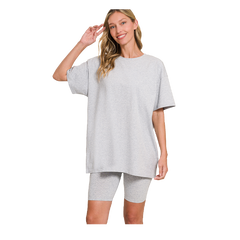 Zenana Cotton Round Neck Top & Biker Shorts Heather Grey Zenana