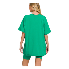 Zenana Cotton Round Neck Top & Biker Shorts Kelly Green - PinkPro Beauty Supply