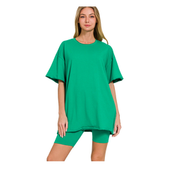 Zenana Cotton Round Neck Top & Biker Shorts Kelly Green - PinkPro Beauty Supply